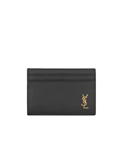 Saint Laurent Saint Lauren Cassandre Logo Plaque Tiny Card Case In Black