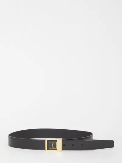 Saint Laurent Women Cassandre Buckle Leather Belt In Black