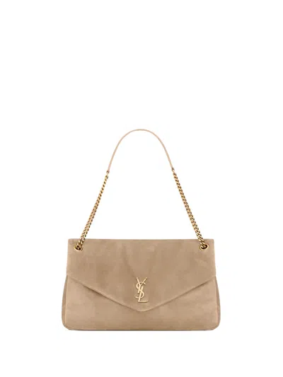 Saint Laurent Calypso Large Bag In Beige Suede, Grosgrain Lining, Bronze-colored Metal