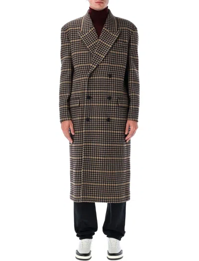 Saint Laurent Checked Wool Long Coat In Brown