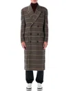 Saint Laurent Tailored Wool Check Coat In Brown