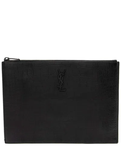 Saint Laurent Croc Embossed Leather Monogram Large Zip Pouch (authentic Pre-loved)
