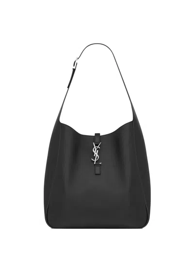 Saint Laurent Le 5 À 7 Large Bag In Hammered Leather And Suede Lining, Black, Leather