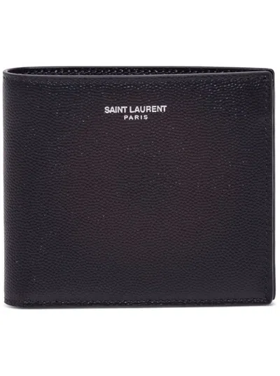 Saint Laurent Man's Bifold Black Leather Wallet With Logo In Multicolor