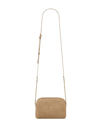 Saint Laurent Mini Gaby Zip-up Clutch In Suede With Adjustable Shoulder Strap, Beige.
