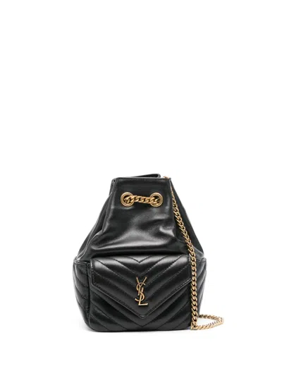 Saint Laurent Mini Joe Bucket Bag In Nappa Leather, Black, Quilted Design, Chain Shoul
