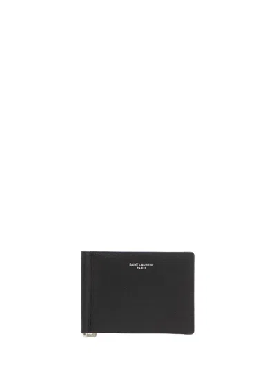 Saint Laurent Paris Bill Clip Wallet In Grain De Poudre Leather In Black