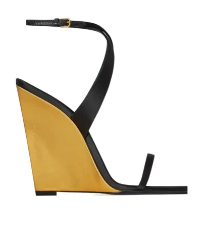 Saint Laurent Salomé Wedges In Satin Crepe And Metallic Leather In Yellow