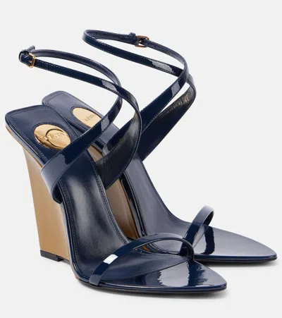 Saint Laurent Salomé 110 Patent Leather Wedge Sandals In Blue