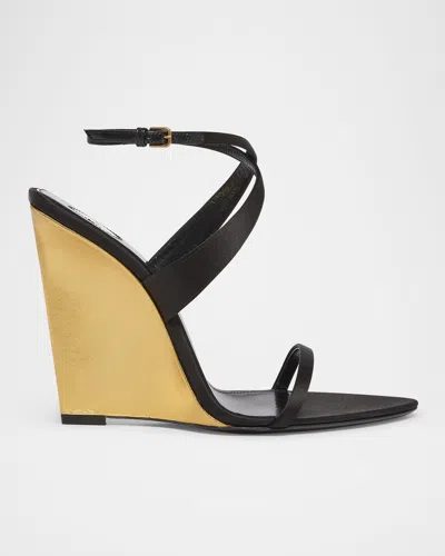 SAINT LAURENT SALOME SATIN STRAPPY WEDGE SANDALS