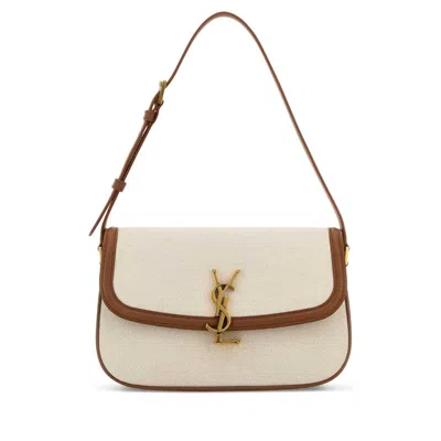 Saint Laurent Sand Canvas Solferino Shoulder Bag In Red