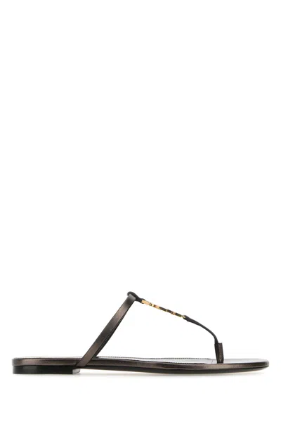 Saint Laurent Cassandra Slides In Laminated Metallic Leather In Brown