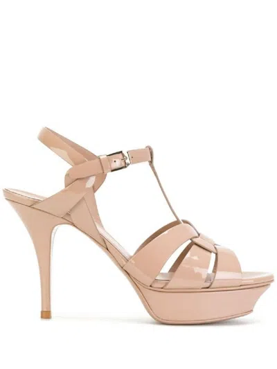 Saint Laurent Tribute Platform Sandals In Smooth Leather Beige In Neutral