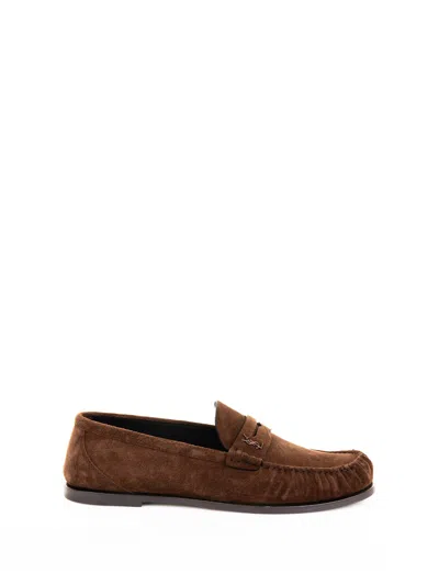 Saint Laurent Suede Penny Strap Loafers Round Toe In Brown