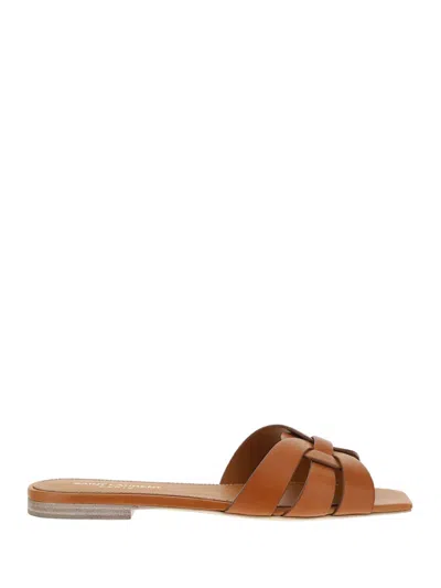 Saint Laurent Tribute Woven Leather Flat Sandals In Brown