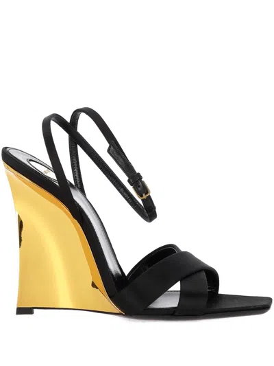 Saint Laurent Lucienne 110 Crepe Satin Wedge Sandals In Black