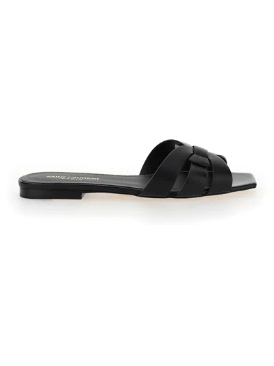 Saint Laurent Tribute Woven Leather Slides In Black