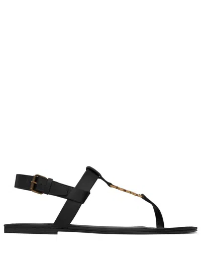 Saint Laurent Cassandre-plaque Leather Sandals In Black