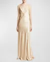 Saint Laurent Open-back Paneled Silk-satin Gown In Beige Nude