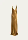 Saint Laurent Open-back Paneled Silk-satin Gown In Cigarre
