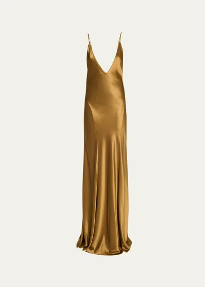 Saint Laurent Satin Drop Waist Gown In Cigarre