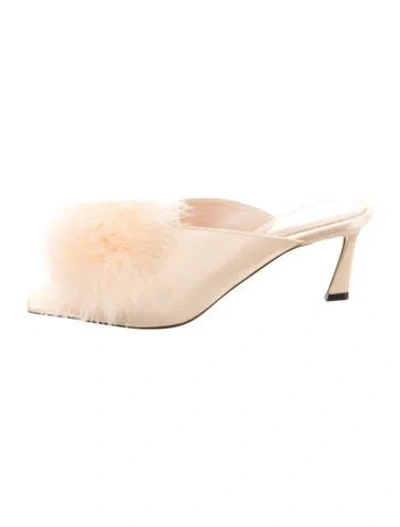 Pre-owned Saint Laurent Satin Feather Trim Slides In Neutral