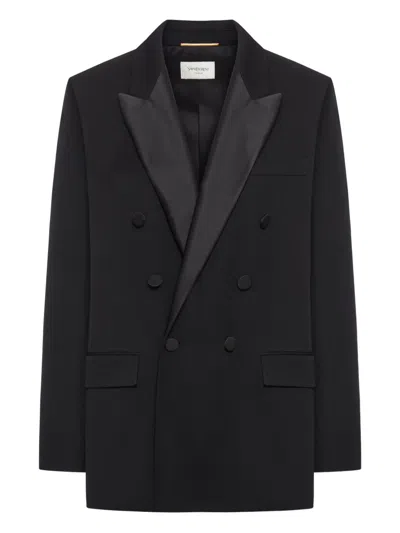 Saint Laurent Satin-lapels Double-breasted Blazer In Blue