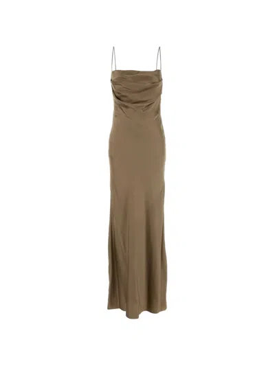 Saint Laurent Cappuccino Satin Long Dress In Brown
