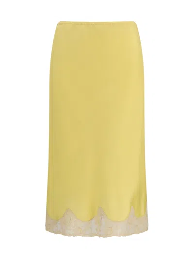 Saint Laurent Satin Midi Skirt With Lace Inserts In Yellow