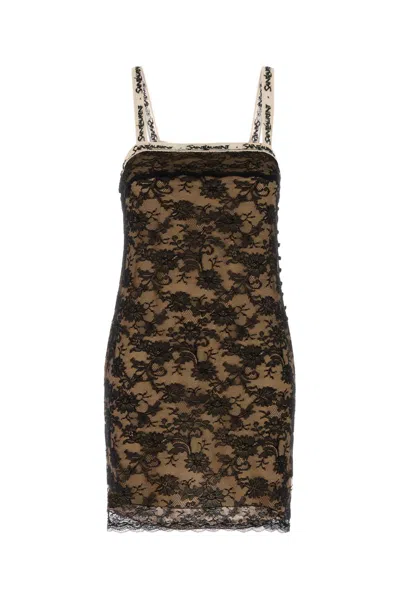 Saint Laurent Lace Dress Floral Pattern Scalloped Hem In Brown