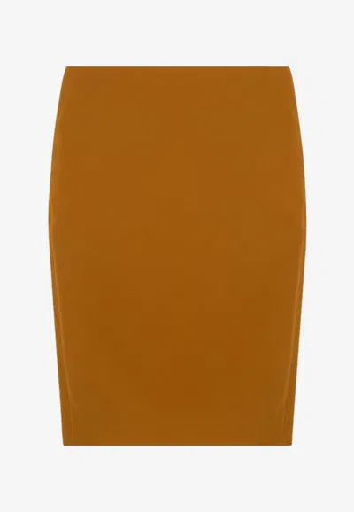 Saint Laurent Ochre Yellow Satin Pencil Skirt In Brown