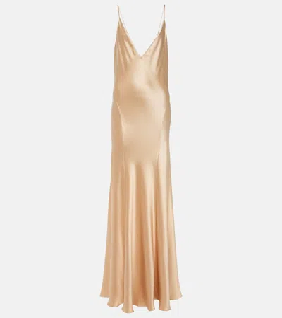 Saint Laurent V-neck Dress In Silk Satin In Beige