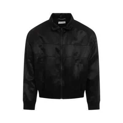 Saint Laurent Silk Blend Bomber Jacket With Embroidered Logo In Black