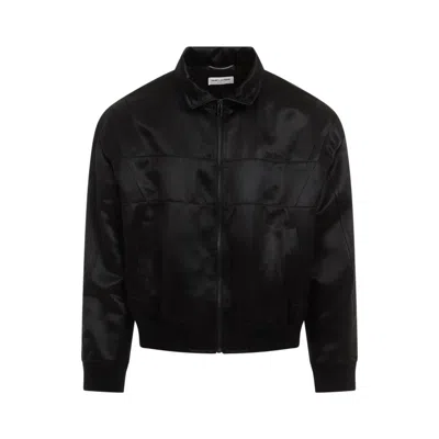 Saint Laurent Silk Blend Bomber Jacket With Embroidered Logo In Black