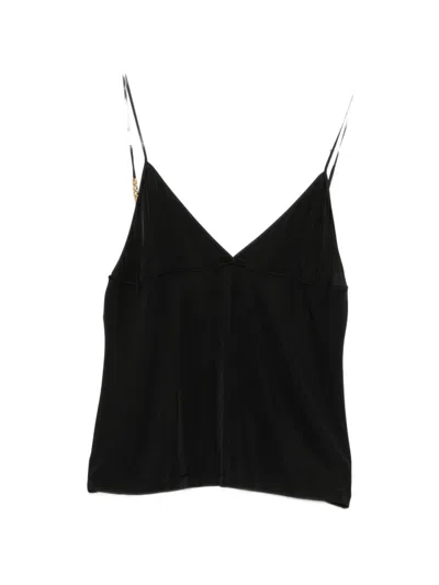 Saint Laurent Satin V-neck With Chain-link Detail Tank Top In Black