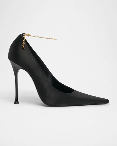 Saint Laurent Satin Ysl Ankle-chain Pumps In Noir/light Bronze