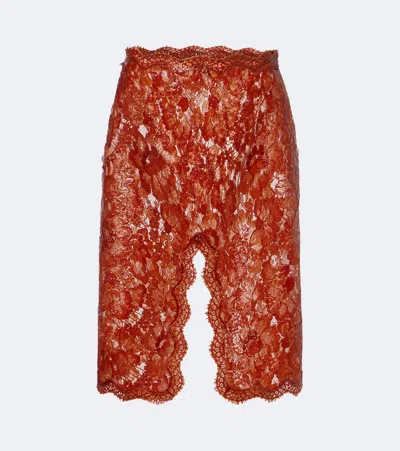 Saint Laurent Scalloped Coated Lace Pencil Skirt In Red