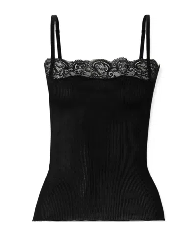 Saint Laurent Scalloped Lace-trimmed Ribbed Silk-jersey Tank In Black