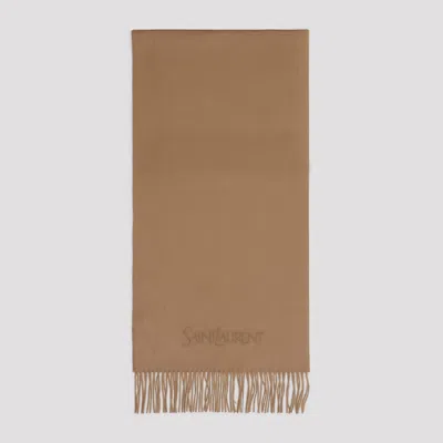 Saint Laurent Logo Embroidered Scarf In Beige