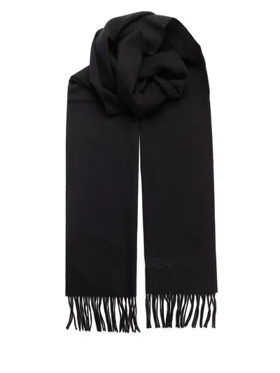 Saint Laurent Cashmere Fringed Scarf In Black
