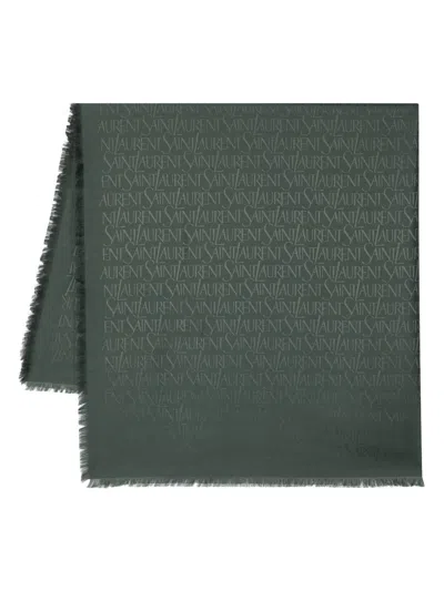 Saint Laurent Large Square Scarf In Silk And Wool Jacquard In Green