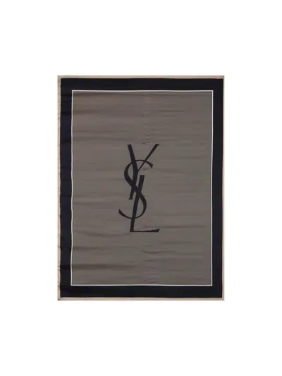 Saint Laurent Logo-print Striped Silk-satin Scarf In Neutrals