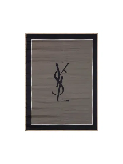 Saint Laurent Logo-print Striped Silk-satin Scarf In Neutral