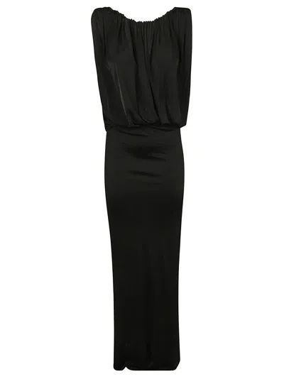 Saint Laurent Shoulder-baring Long Dress With Gathered Accents In Black