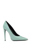 Saint Laurent Satin Monceau Pumps Featuring Pointed Toe In Azzurro