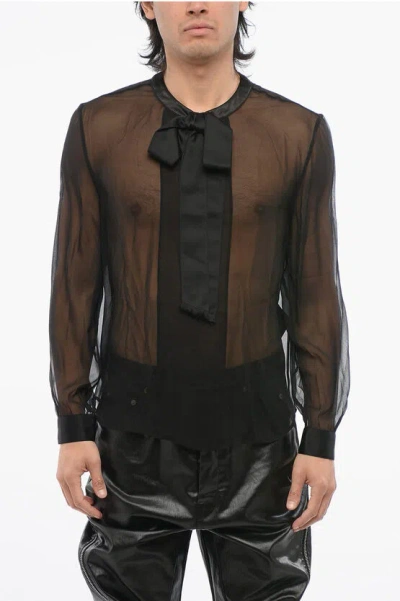 Saint Laurent See Through Silk Blouse With Satin Tie Neck Detail In Black