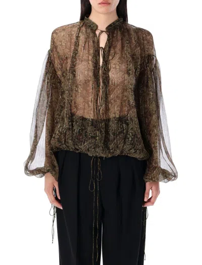 Saint Laurent Semi-sheer Cashmere Print Blouse With Band Collar