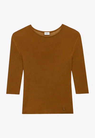 Saint Laurent Semi-sheer Crewneck Top With Cassandre In Brown
