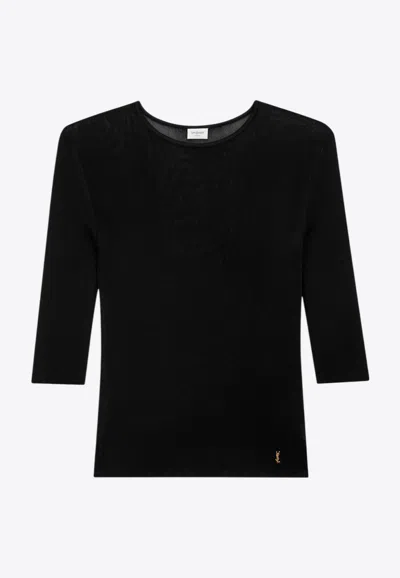 Saint Laurent Semi-sheer Crewneck Top With Cassandre In Black