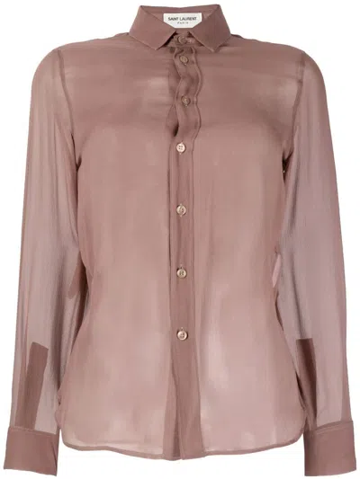 Saint Laurent Semi-sheer Long-sleeve Shirt In Pink